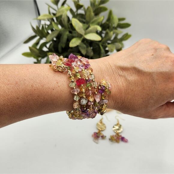 Citrine Pink Glass Stone Beads Memory Wire Bracelet and Earrings Set - Picture 6 of 9